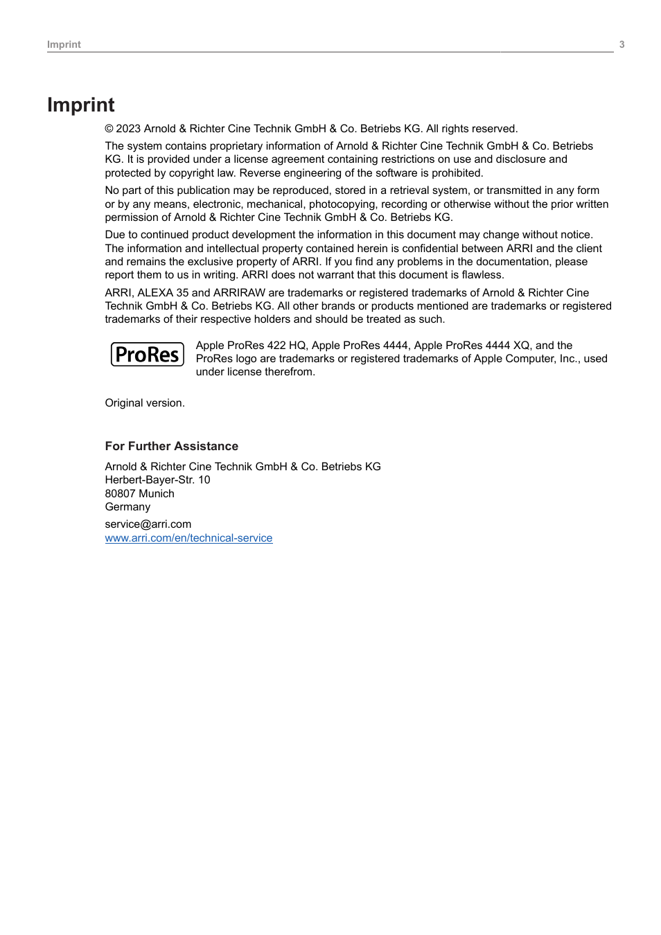 Imprint | ARRI ALEXA 35 Body & PL Mount Set (LBUS) User Manual | Page 3 / 122