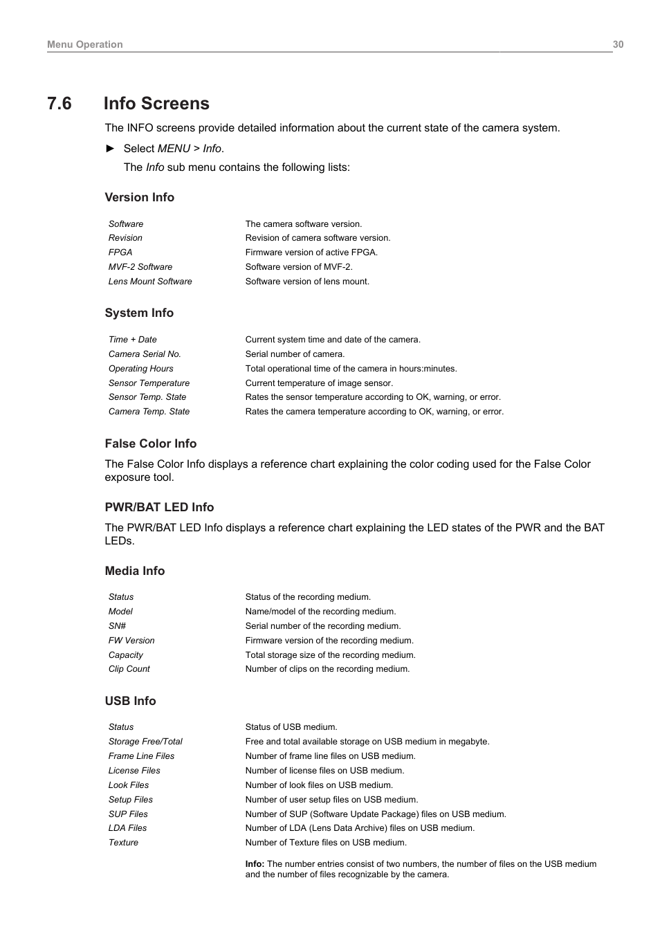 6 info screens, Info screens | ARRI ALEXA 35 Body & PL Mount Set (LBUS) User Manual | Page 30 / 122