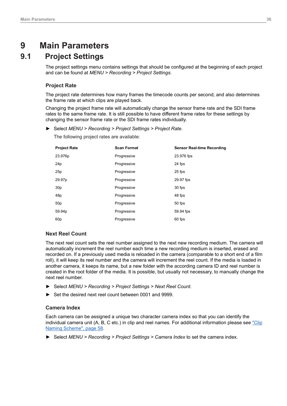 9 main parameters, 1 project settings, Main parameters | Project settings, 9main parameters | ARRI ALEXA 35 Body & PL Mount Set (LBUS) User Manual | Page 36 / 122