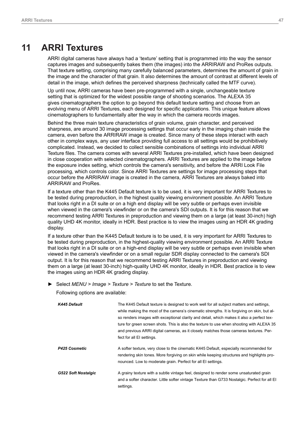 11 arri textures, Arri textures | ARRI ALEXA 35 Body & PL Mount Set (LBUS) User Manual | Page 47 / 122