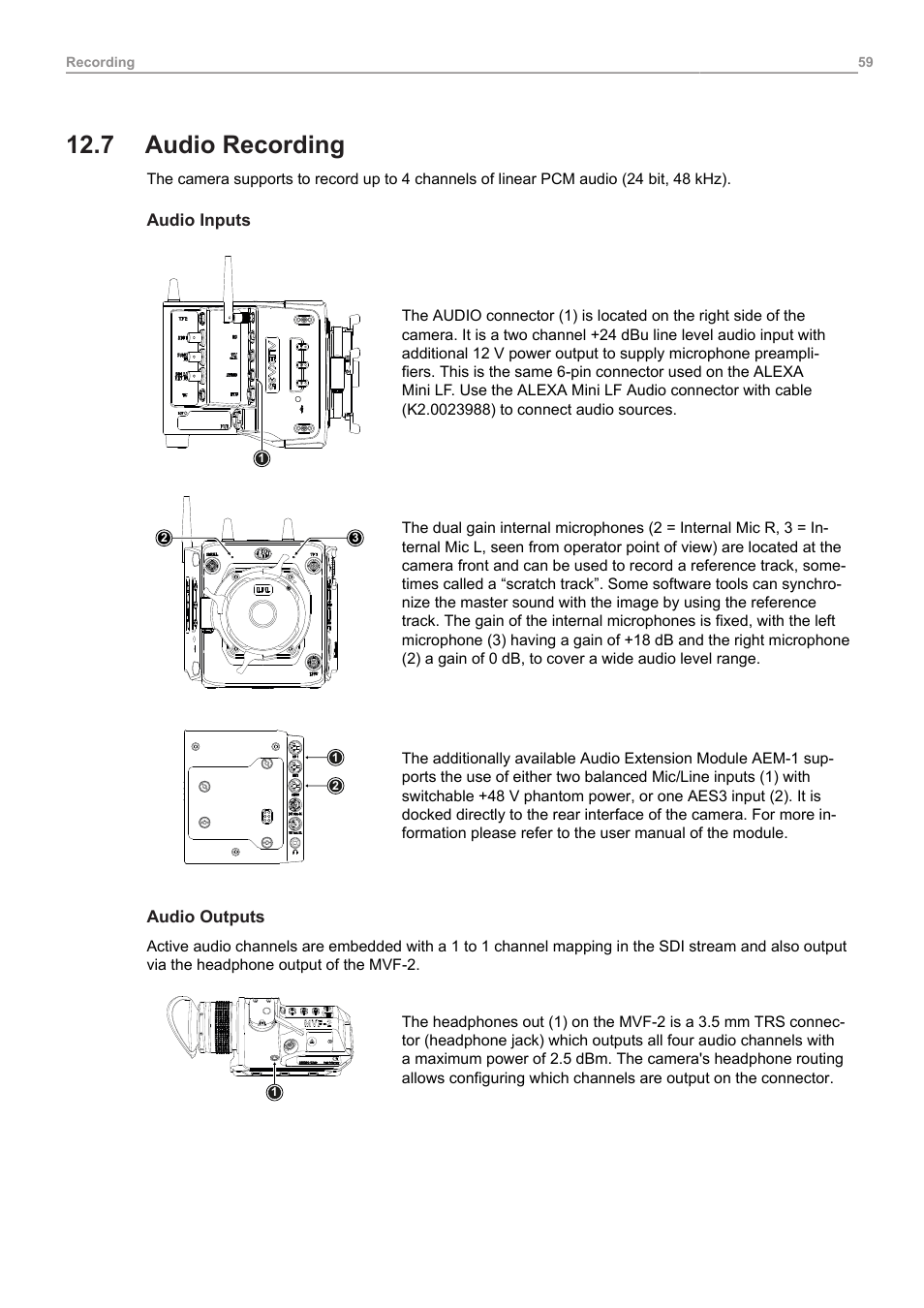 7 audio recording, Audio recording | ARRI ALEXA 35 Body & PL Mount Set (LBUS) User Manual | Page 59 / 122