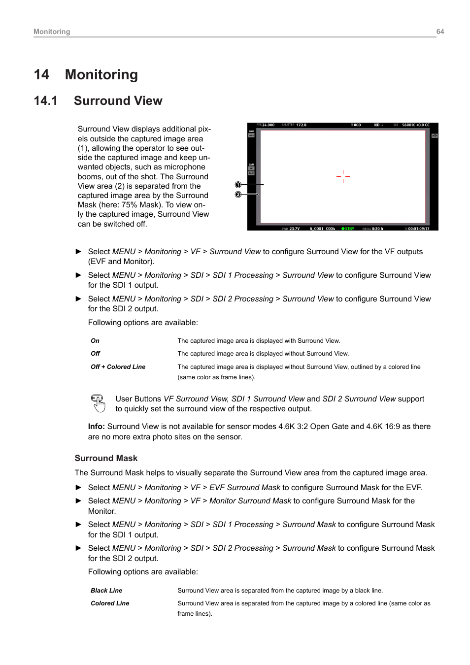 14 monitoring, 1 surround view, Monitoring | Surround view | ARRI ALEXA 35 Body & PL Mount Set (LBUS) User Manual | Page 64 / 122