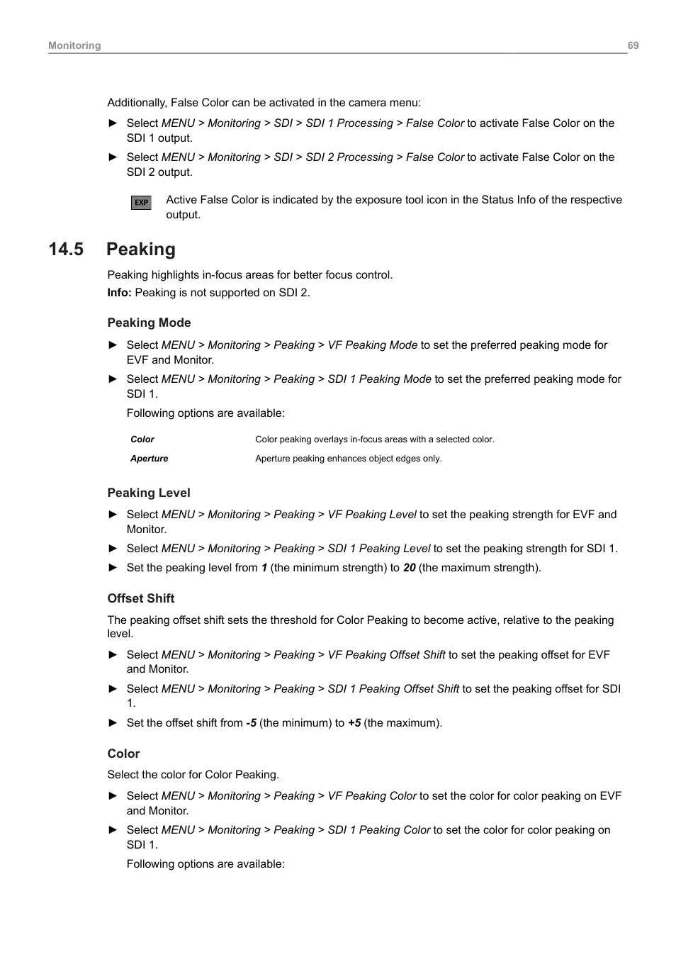 5 peaking, Peaking | ARRI ALEXA 35 Body & PL Mount Set (LBUS) User Manual | Page 69 / 122