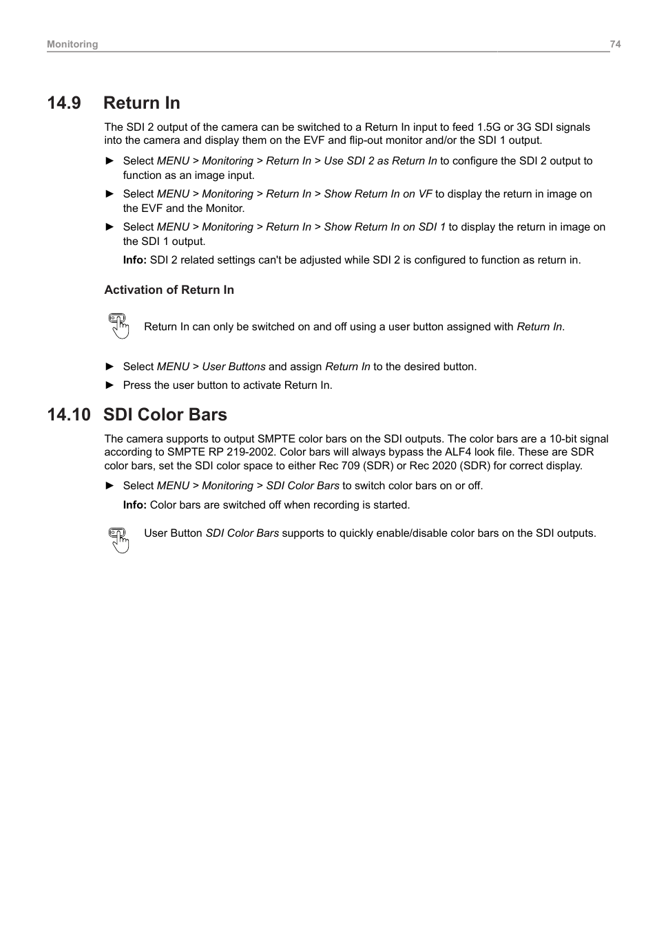 9 return in, 10 sdi color bars, Return in | Sdi color bars | ARRI ALEXA 35 Body & PL Mount Set (LBUS) User Manual | Page 74 / 122