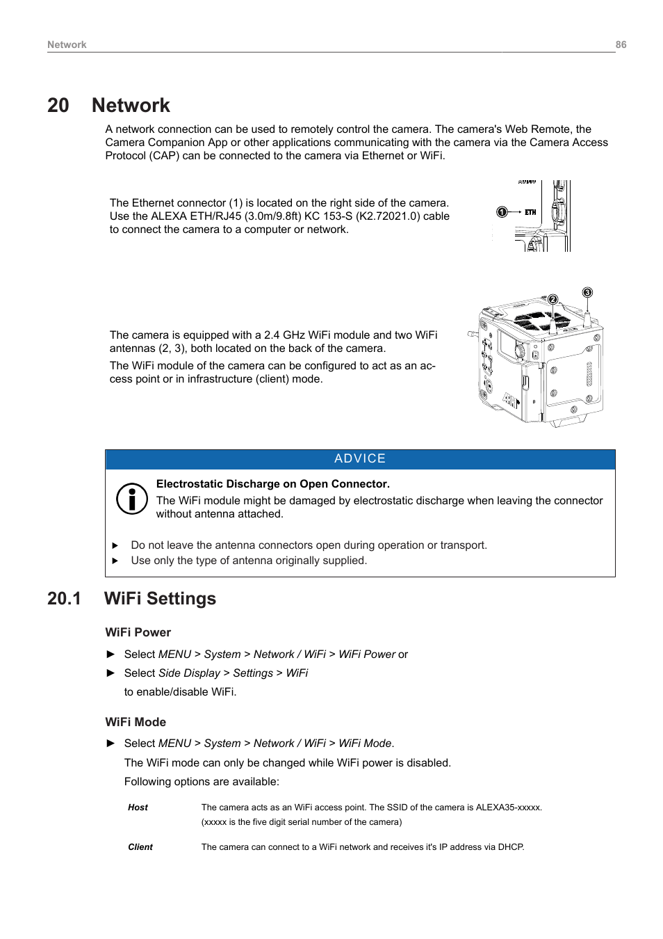 20 network, 1 wifi settings, Network | Wifi settings | ARRI ALEXA 35 Body & PL Mount Set (LBUS) User Manual | Page 86 / 122