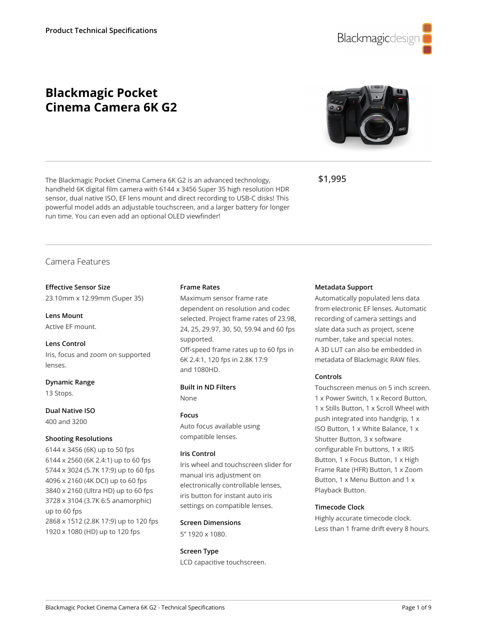 Blackmagic Design Pocket Cinema Camera 6K G2 User Manual | 9 pages