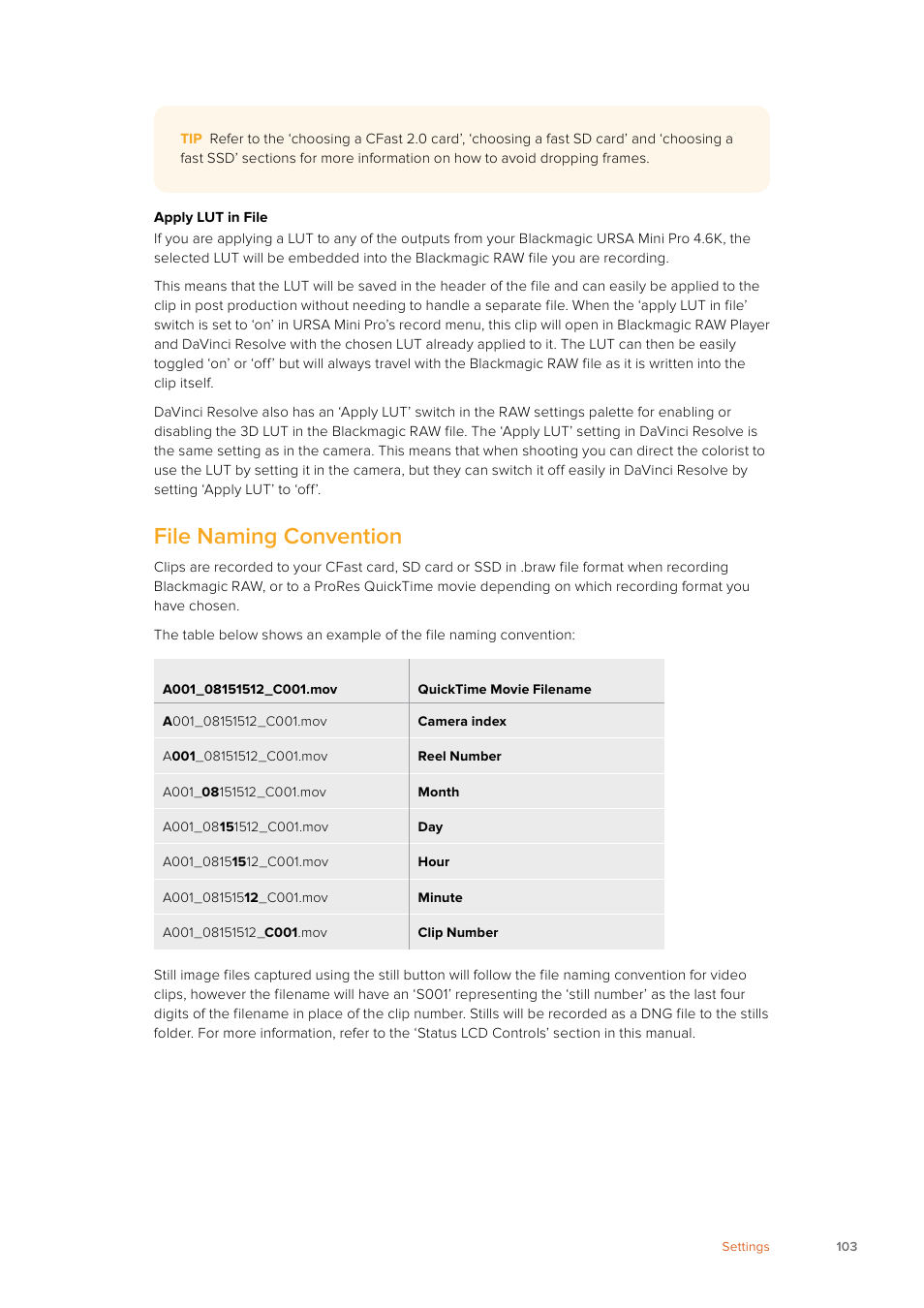 File naming convention | Blackmagic Design URSA Mini Pro 12K (PL) User Manual | Page 103 / 294