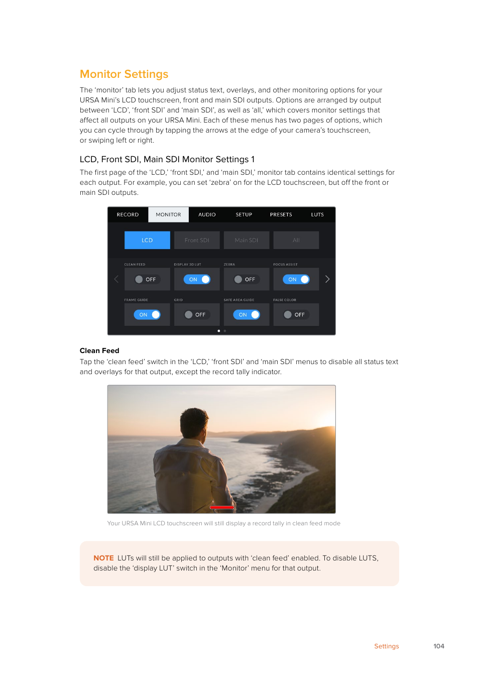 Monitor settings | Blackmagic Design URSA Mini Pro 12K (PL) User Manual | Page 104 / 294