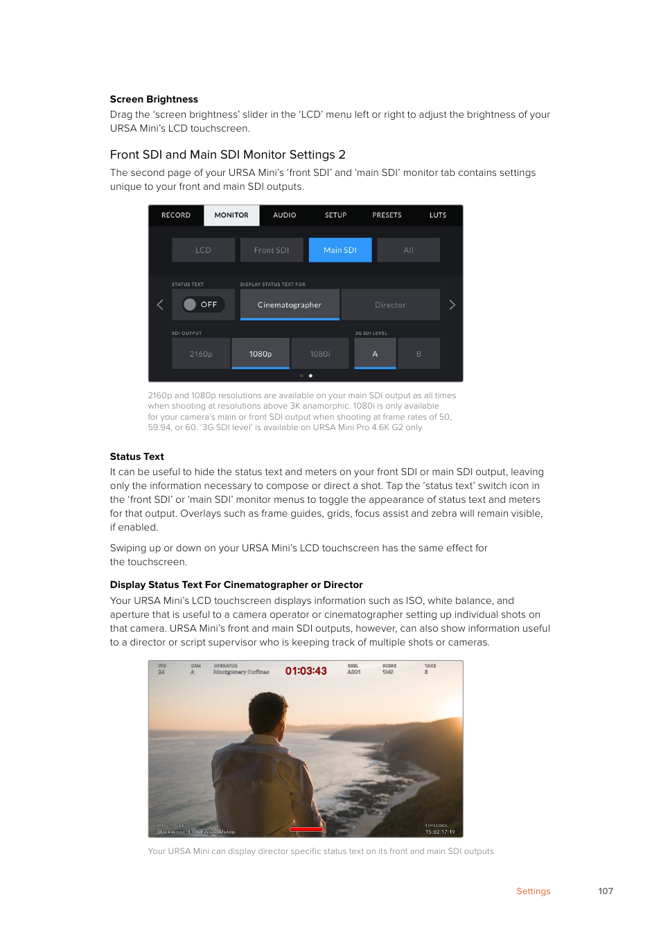 Front sdi and main sdi monitor settings 2 | Blackmagic Design URSA Mini Pro 12K (PL) User Manual | Page 107 / 294