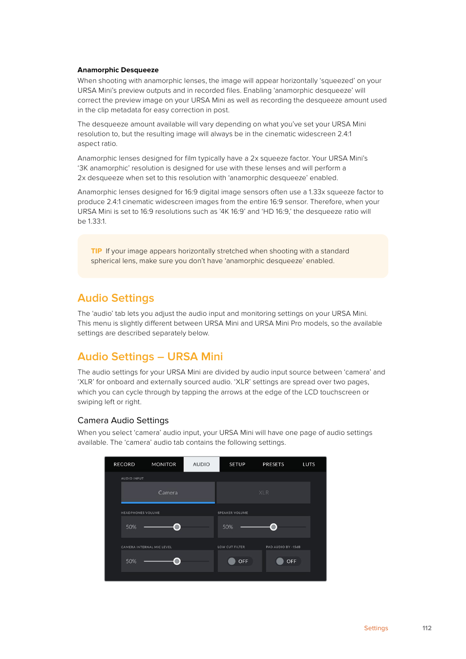 Audio settings, Audio settings – ursa mini | Blackmagic Design URSA Mini Pro 12K (PL) User Manual | Page 112 / 294