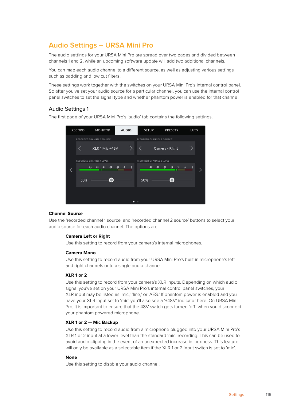 Audio settings – ursa mini pro | Blackmagic Design URSA Mini Pro 12K (PL) User Manual | Page 115 / 294