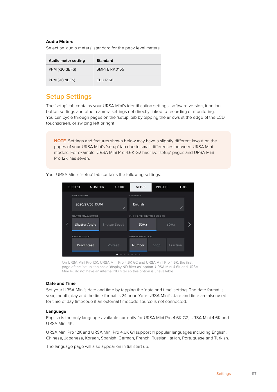 Setup settings | Blackmagic Design URSA Mini Pro 12K (PL) User Manual | Page 117 / 294