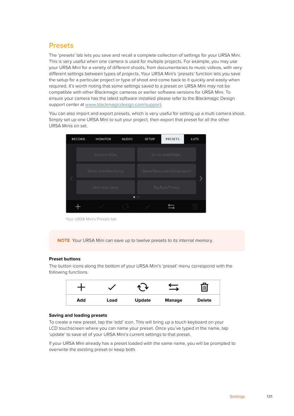 Presets | Blackmagic Design URSA Mini Pro 12K (PL) User Manual | Page 131 / 294