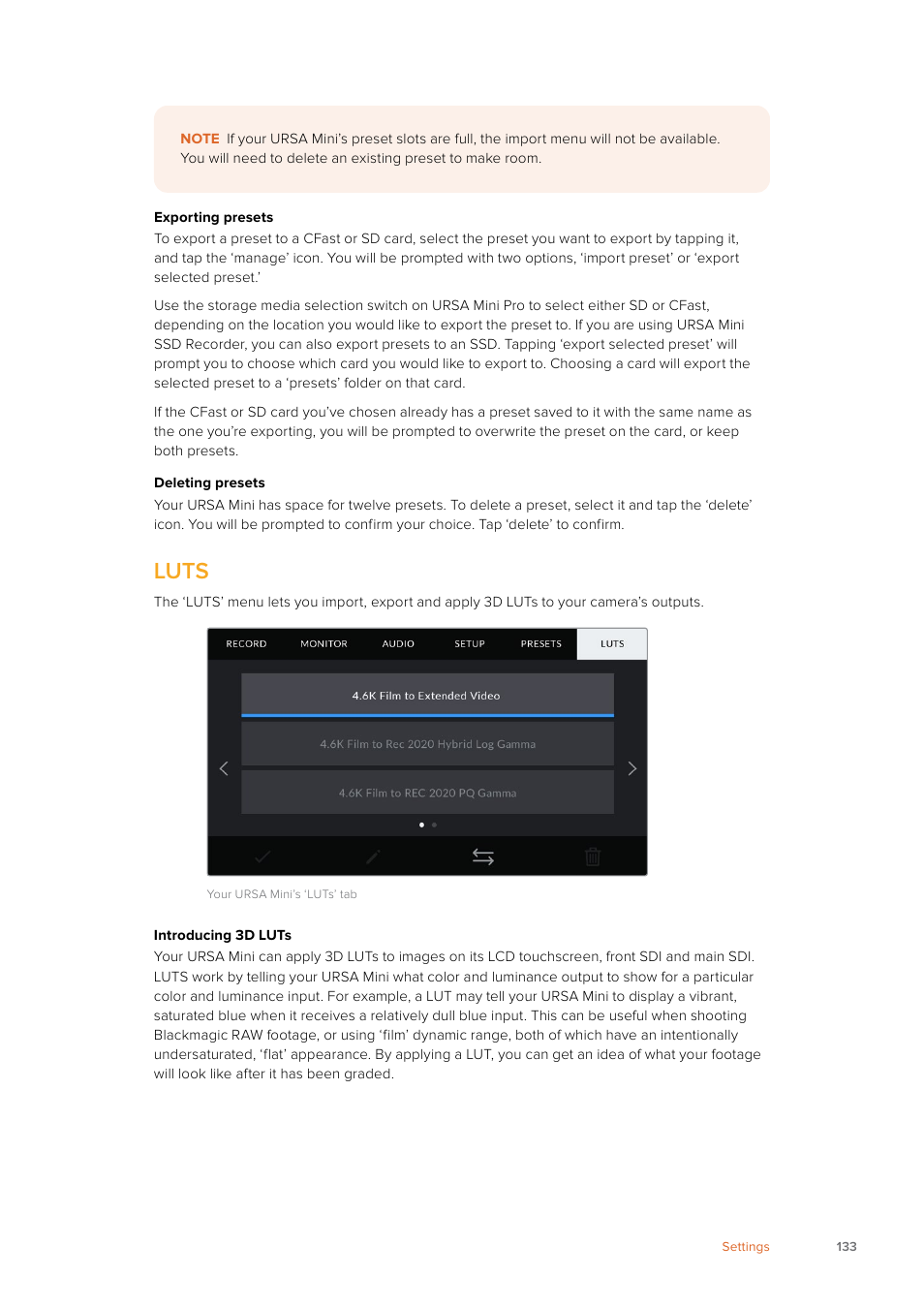 Luts | Blackmagic Design URSA Mini Pro 12K (PL) User Manual | Page 133 / 294