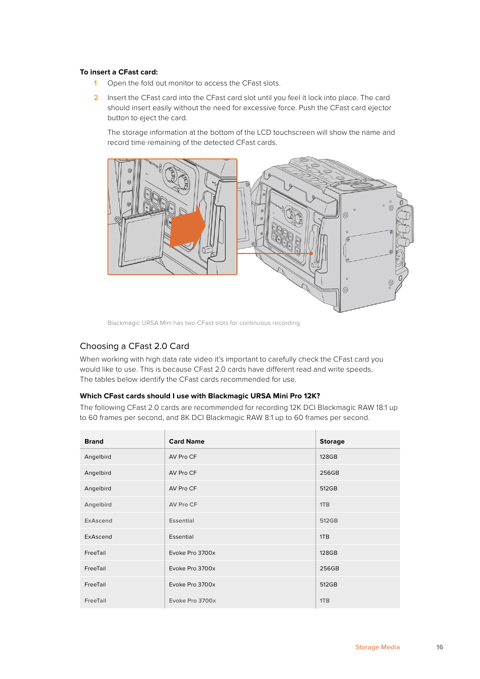 Choosing a cfast 2.0 card | Blackmagic Design URSA Mini Pro 12K (PL) User Manual | Page 16 / 294