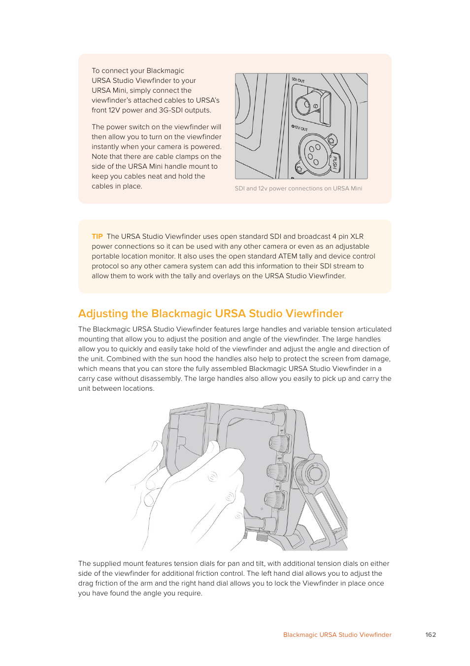 Adjusting the blackmagic ursa studio viewfinder | Blackmagic Design URSA Mini Pro 12K (PL) User Manual | Page 162 / 294
