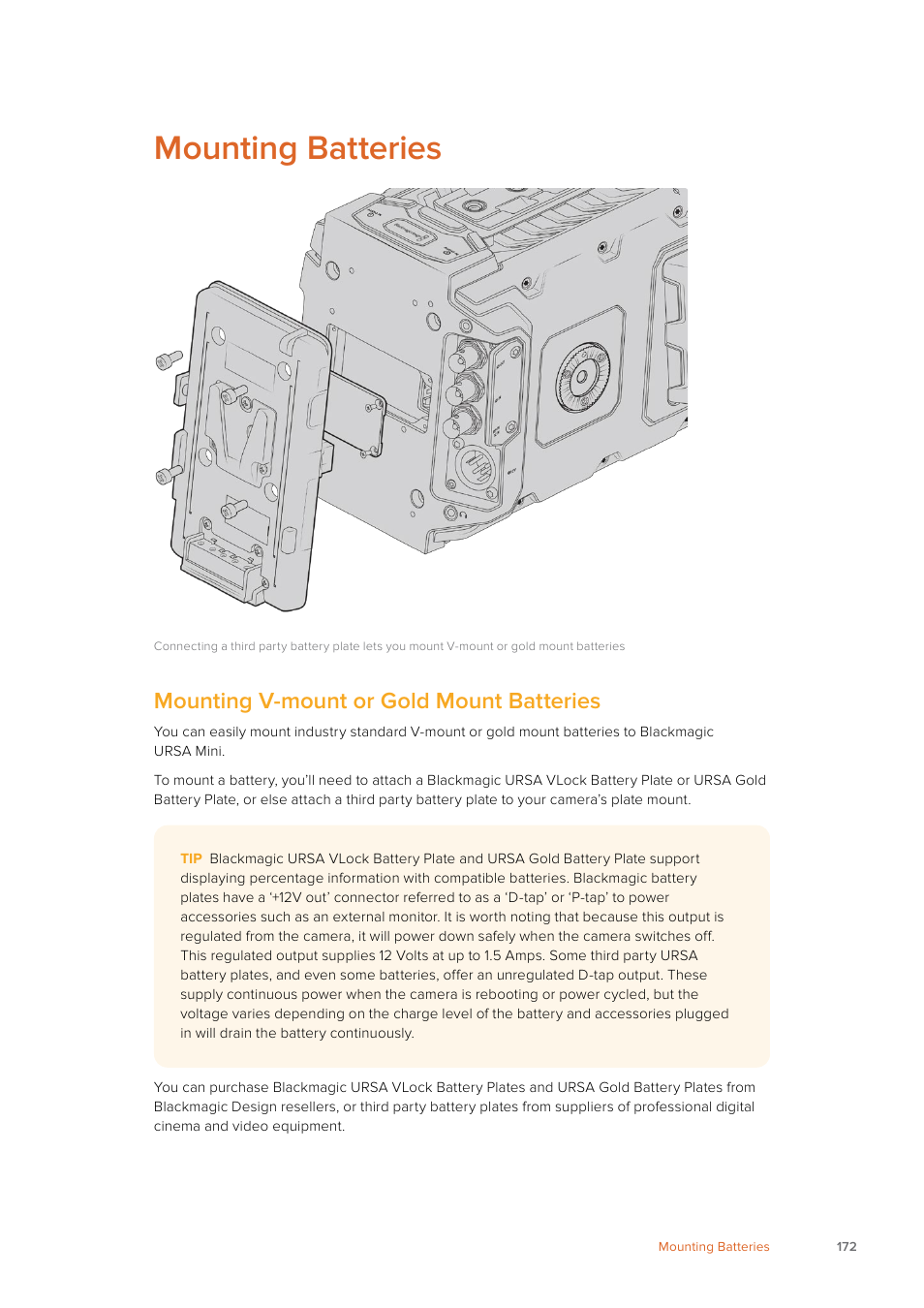 Mounting batteries, Mounting v-mount or gold mount batteries | Blackmagic Design URSA Mini Pro 12K (PL) User Manual | Page 172 / 294