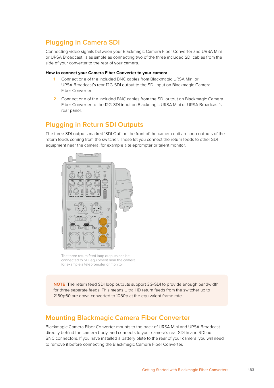 Plugging in camera sdi, Plugging in return sdi outputs, Mounting blackmagic camera fiber converter | Blackmagic Design URSA Mini Pro 12K (PL) User Manual | Page 183 / 294