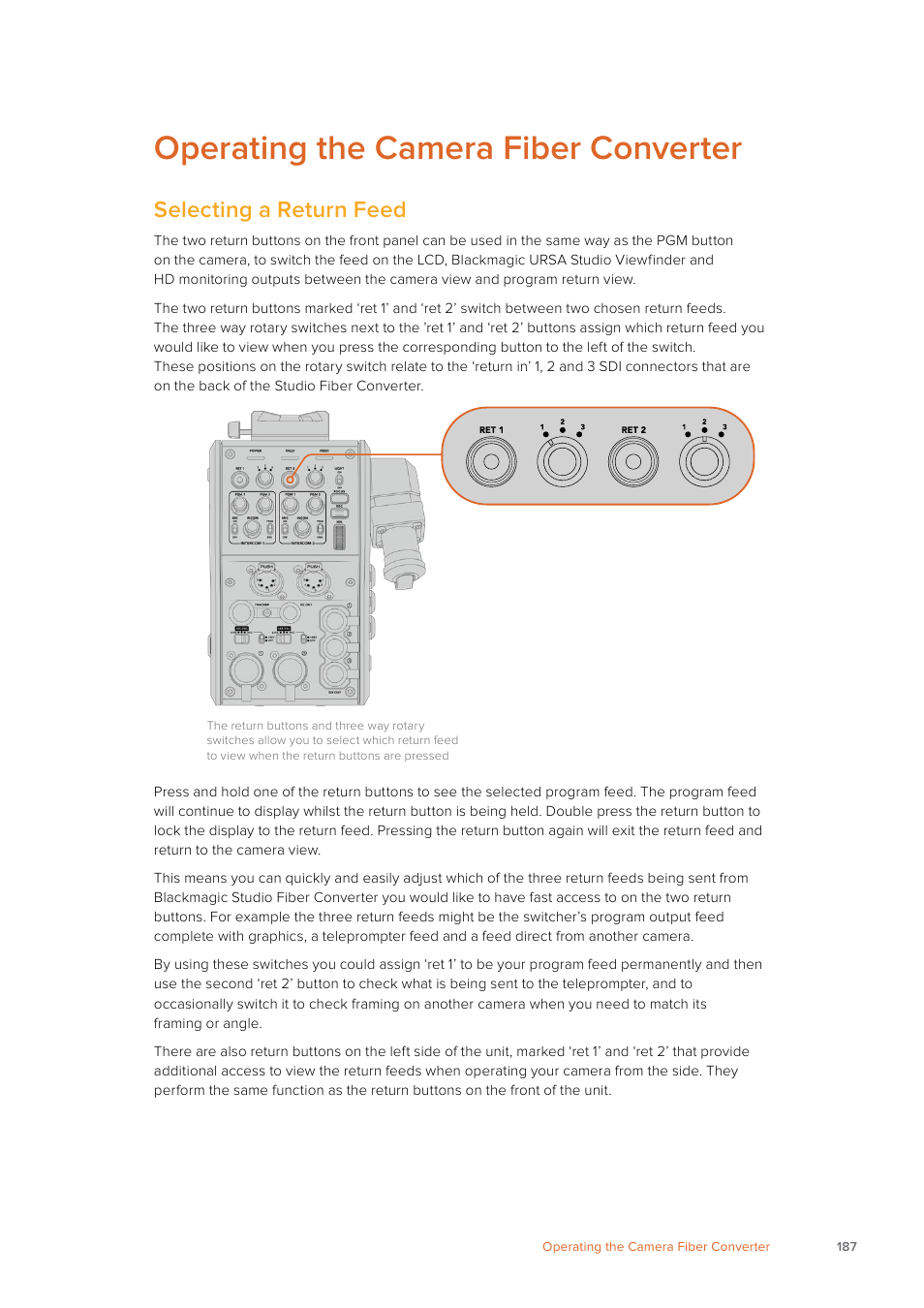 Operating the camera fiber converter, Selecting a return feed | Blackmagic Design URSA Mini Pro 12K (PL) User Manual | Page 187 / 294