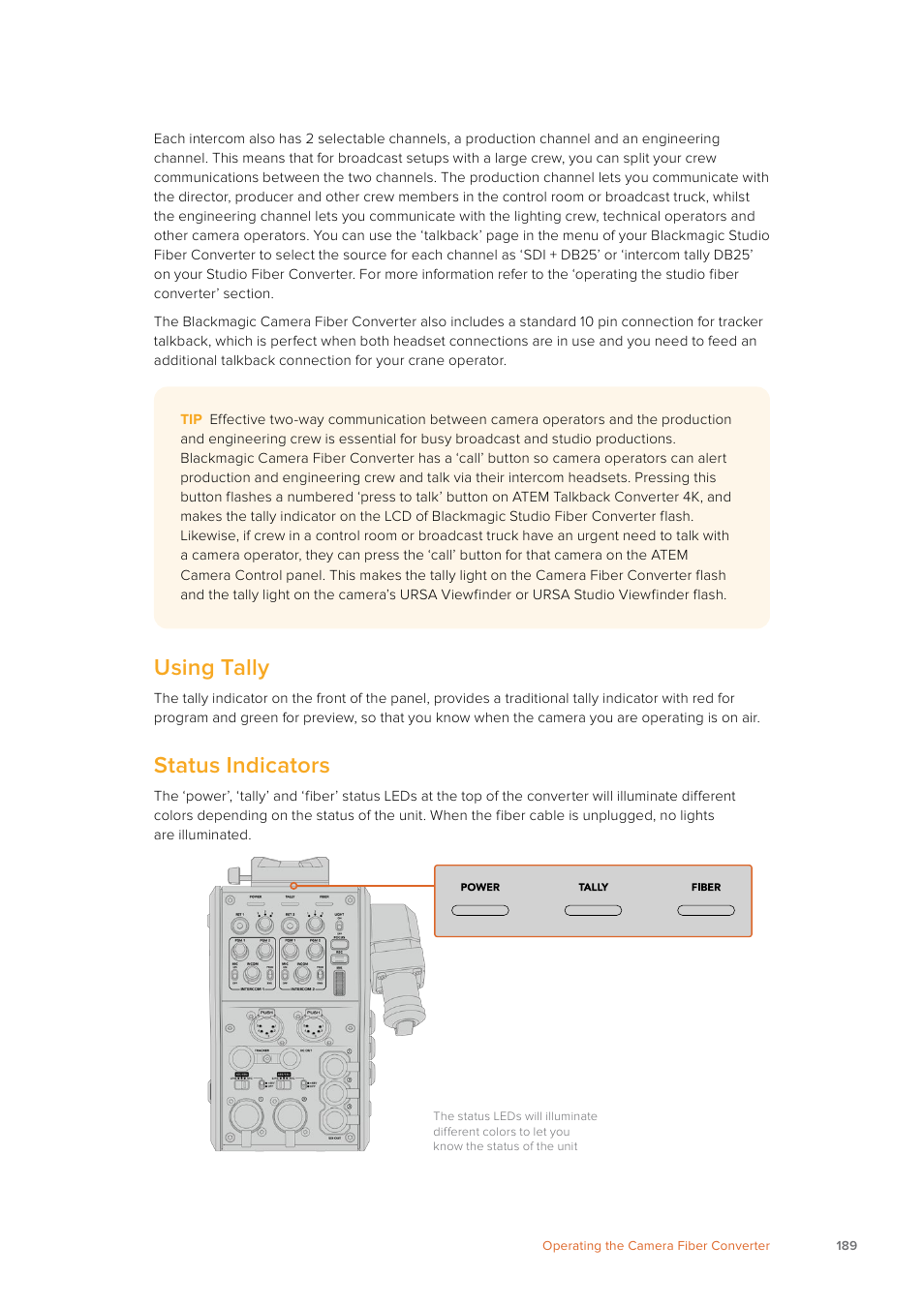 Using tally, Status indicators | Blackmagic Design URSA Mini Pro 12K (PL) User Manual | Page 189 / 294