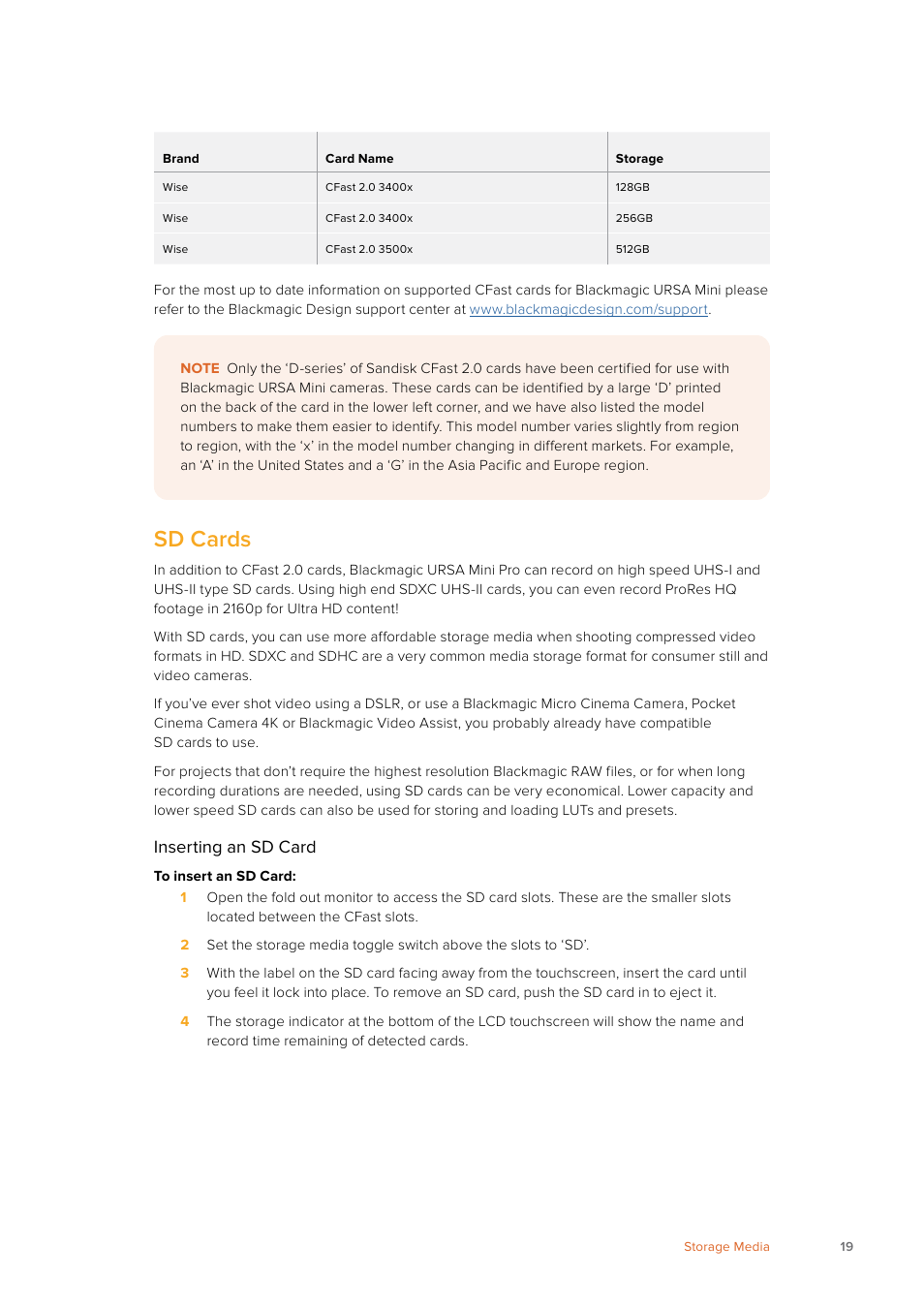 Sd cards, Inserting an sd card | Blackmagic Design URSA Mini Pro 12K (PL) User Manual | Page 19 / 294