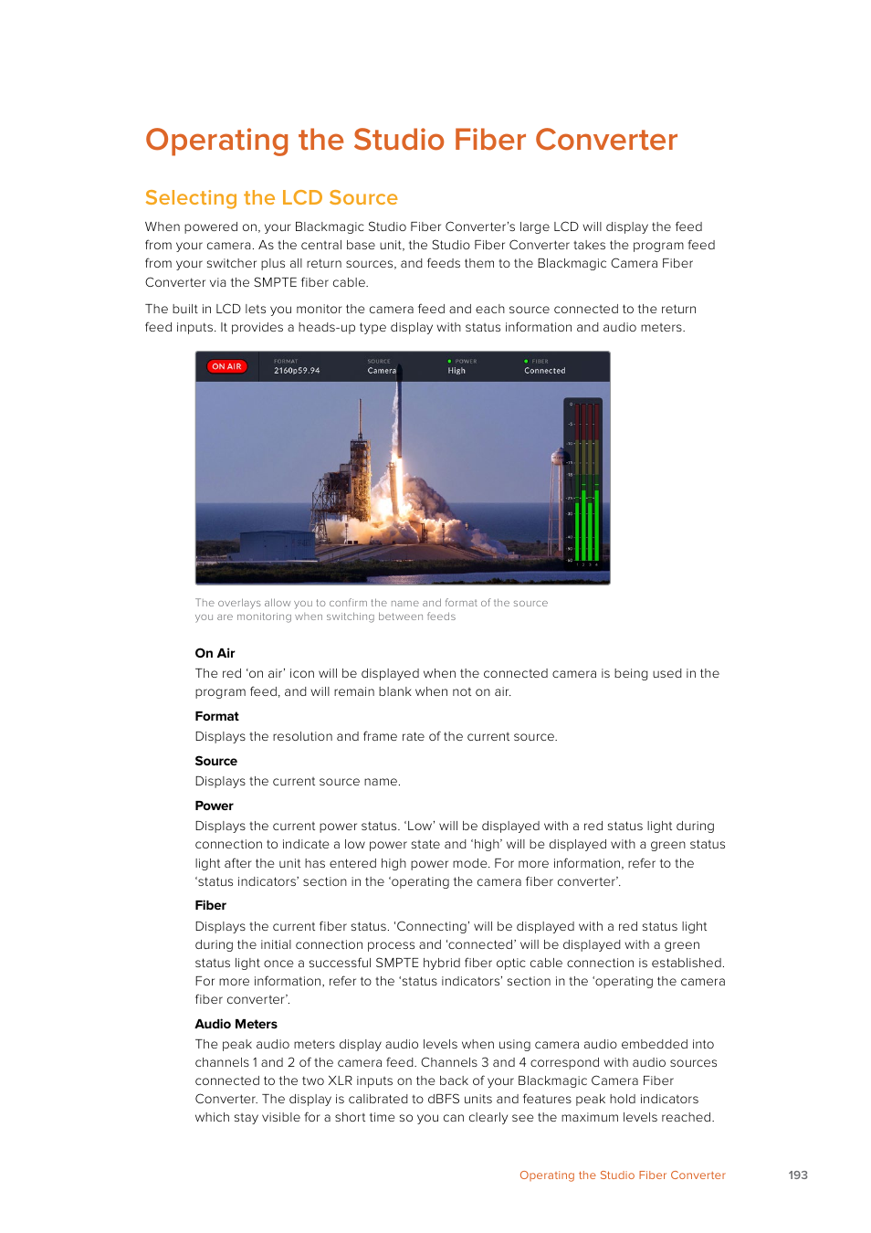 Operating the studio fiber converter, Selecting the lcd source | Blackmagic Design URSA Mini Pro 12K (PL) User Manual | Page 193 / 294