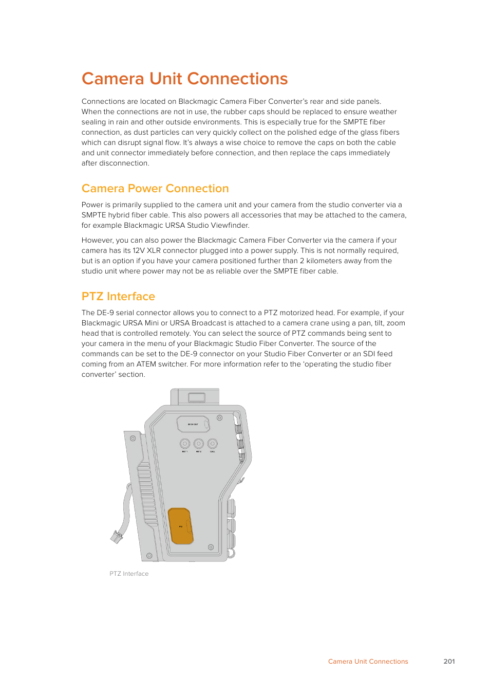 Camera unit connections, Camera power connection, Ptz interface | Blackmagic Design URSA Mini Pro 12K (PL) User Manual | Page 201 / 294