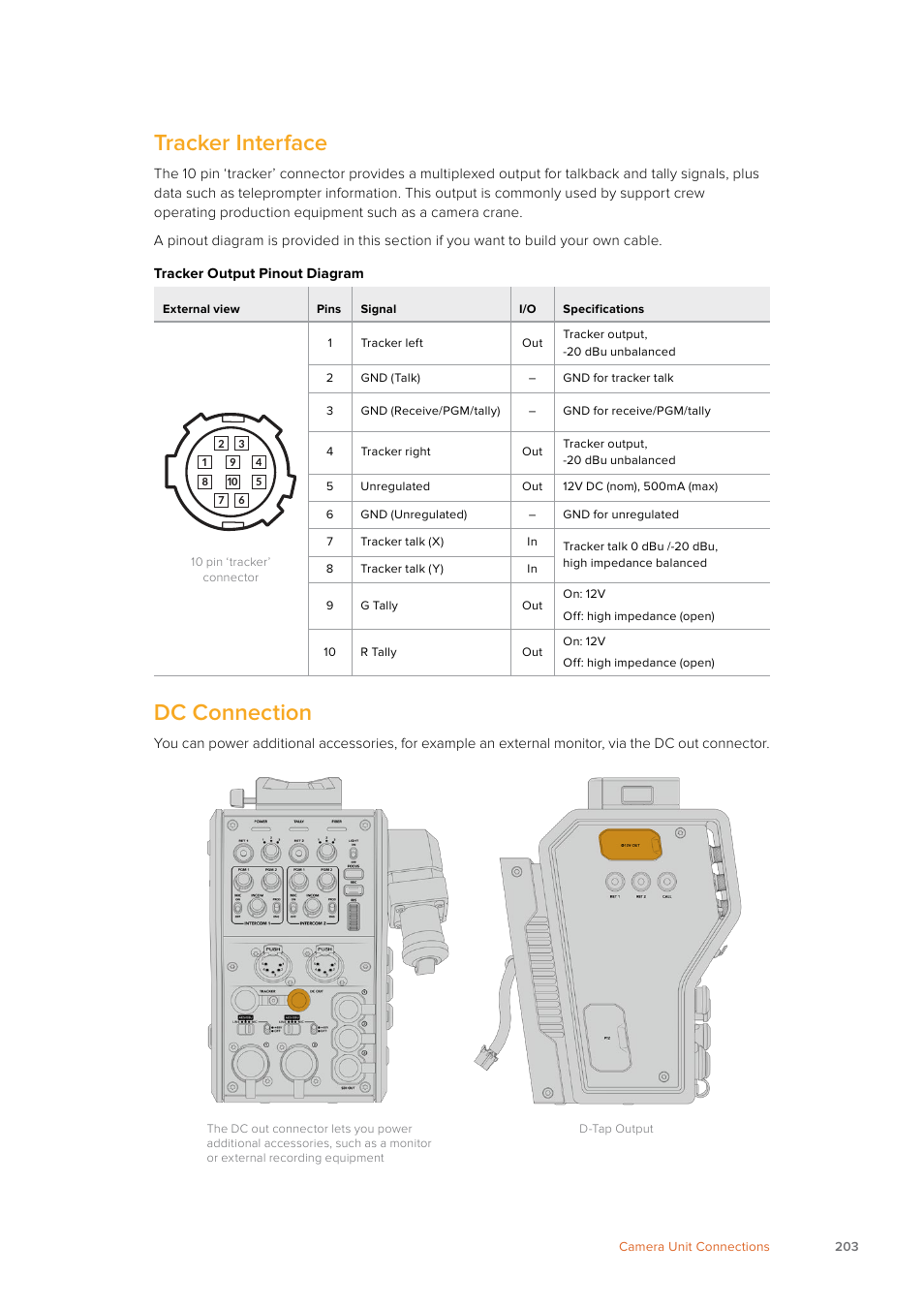 Tracker interface, Dc connection | Blackmagic Design URSA Mini Pro 12K (PL) User Manual | Page 203 / 294