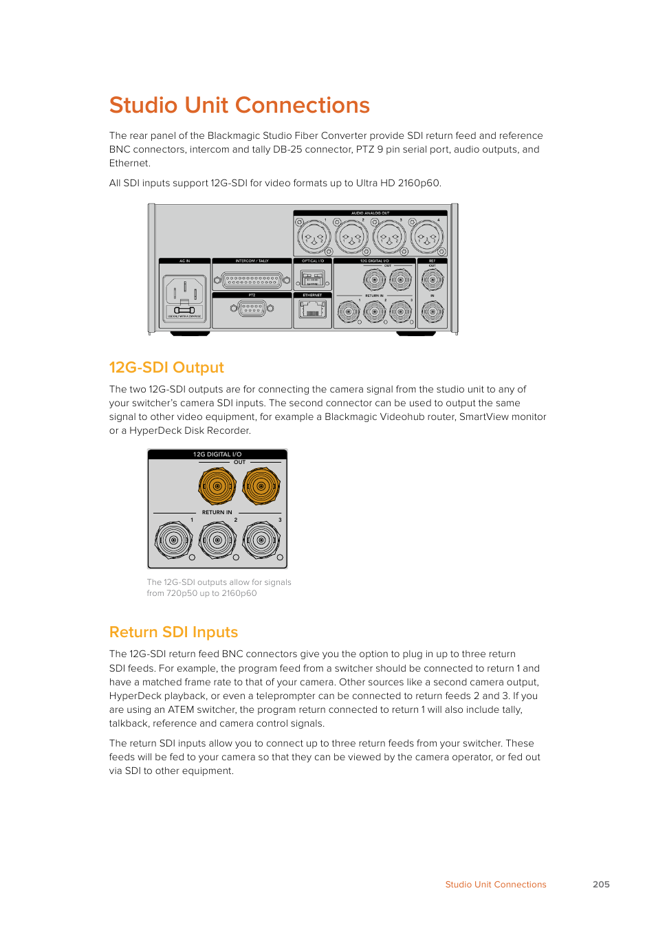 Studio unit connections, 12g-sdi output, Return sdi inputs | Blackmagic Design URSA Mini Pro 12K (PL) User Manual | Page 205 / 294