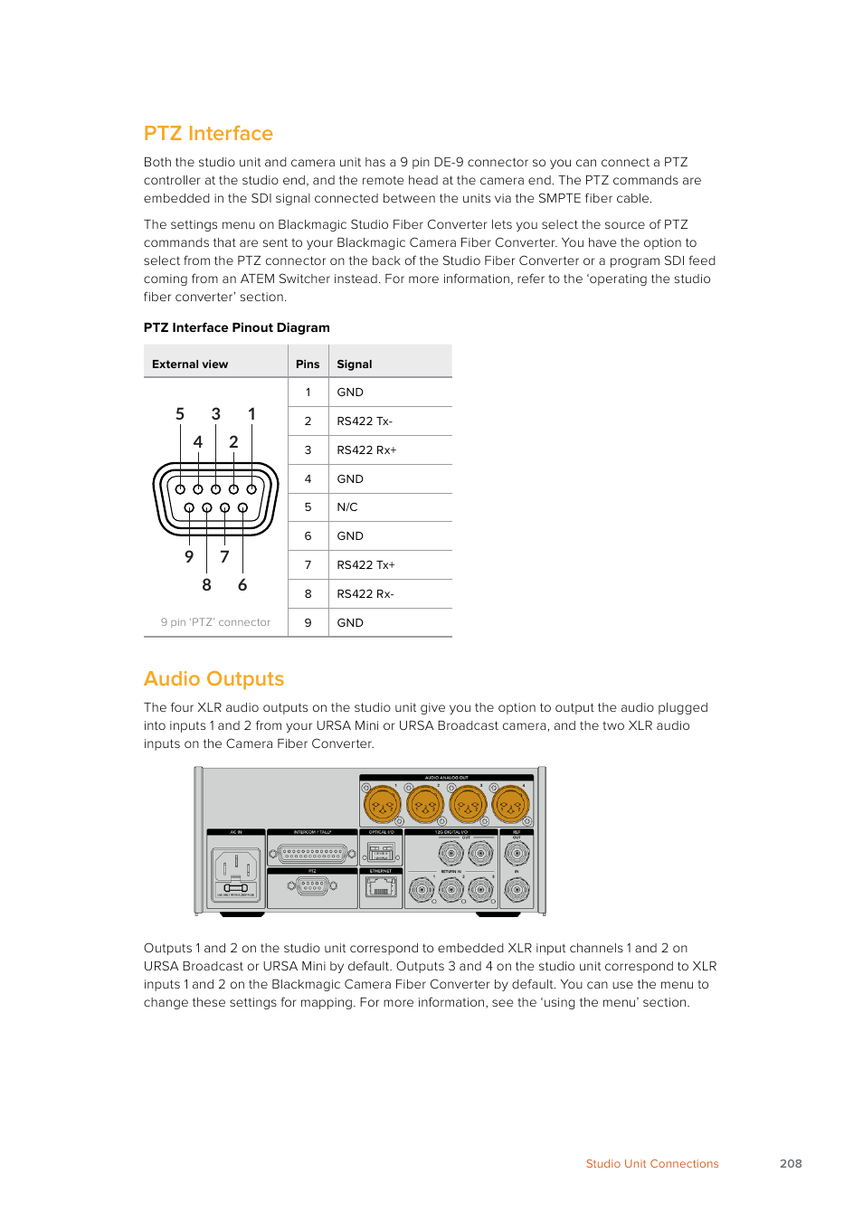 Ptz interface, Audio outputs | Blackmagic Design URSA Mini Pro 12K (PL) User Manual | Page 208 / 294