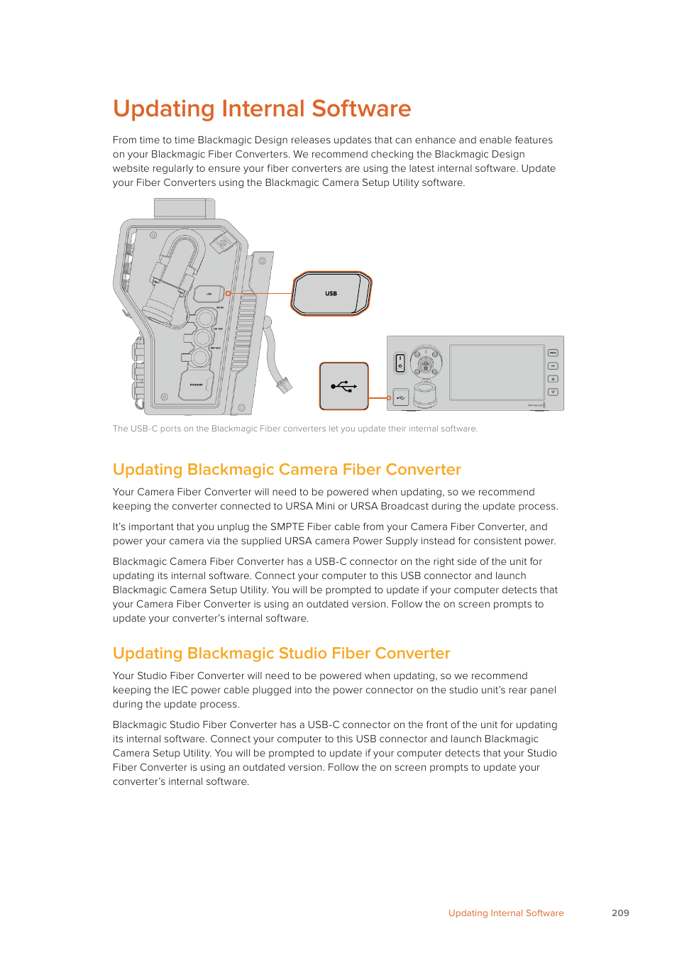 Updating internal software, Updating blackmagic camera fiber converter, Updating blackmagic studio fiber converter | Blackmagic Design URSA Mini Pro 12K (PL) User Manual | Page 209 / 294