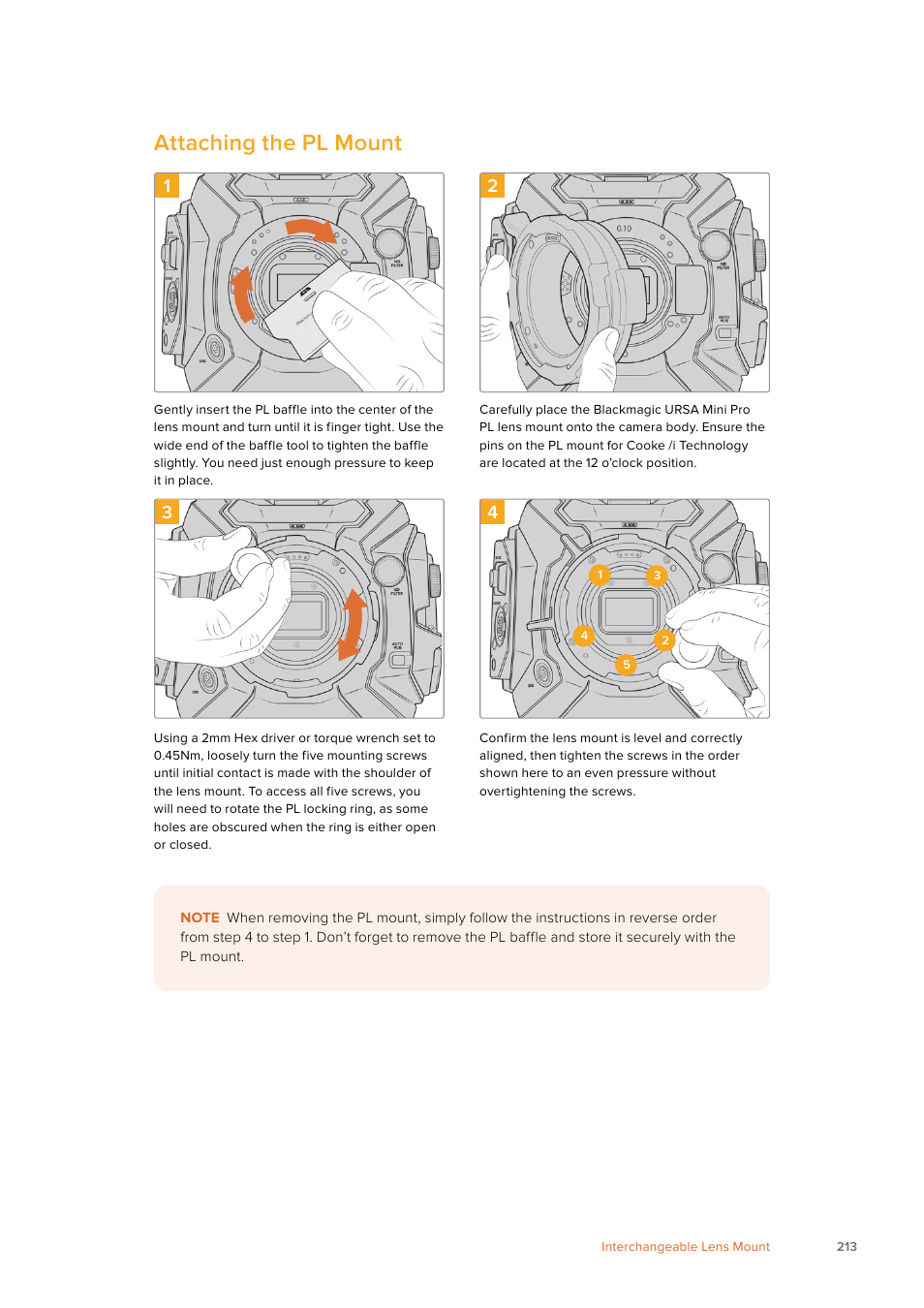 Attaching the pl mount | Blackmagic Design URSA Mini Pro 12K (PL) User Manual | Page 213 / 294