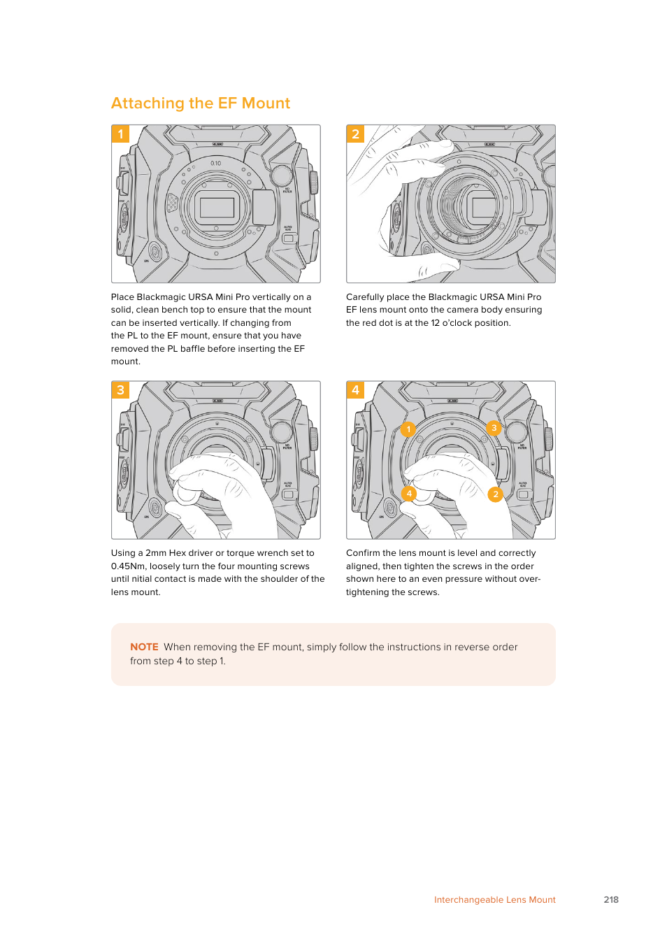 Attaching the ef mount | Blackmagic Design URSA Mini Pro 12K (PL) User Manual | Page 218 / 294