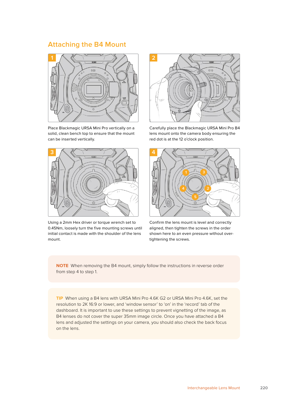 Attaching the b4 mount | Blackmagic Design URSA Mini Pro 12K (PL) User Manual | Page 220 / 294