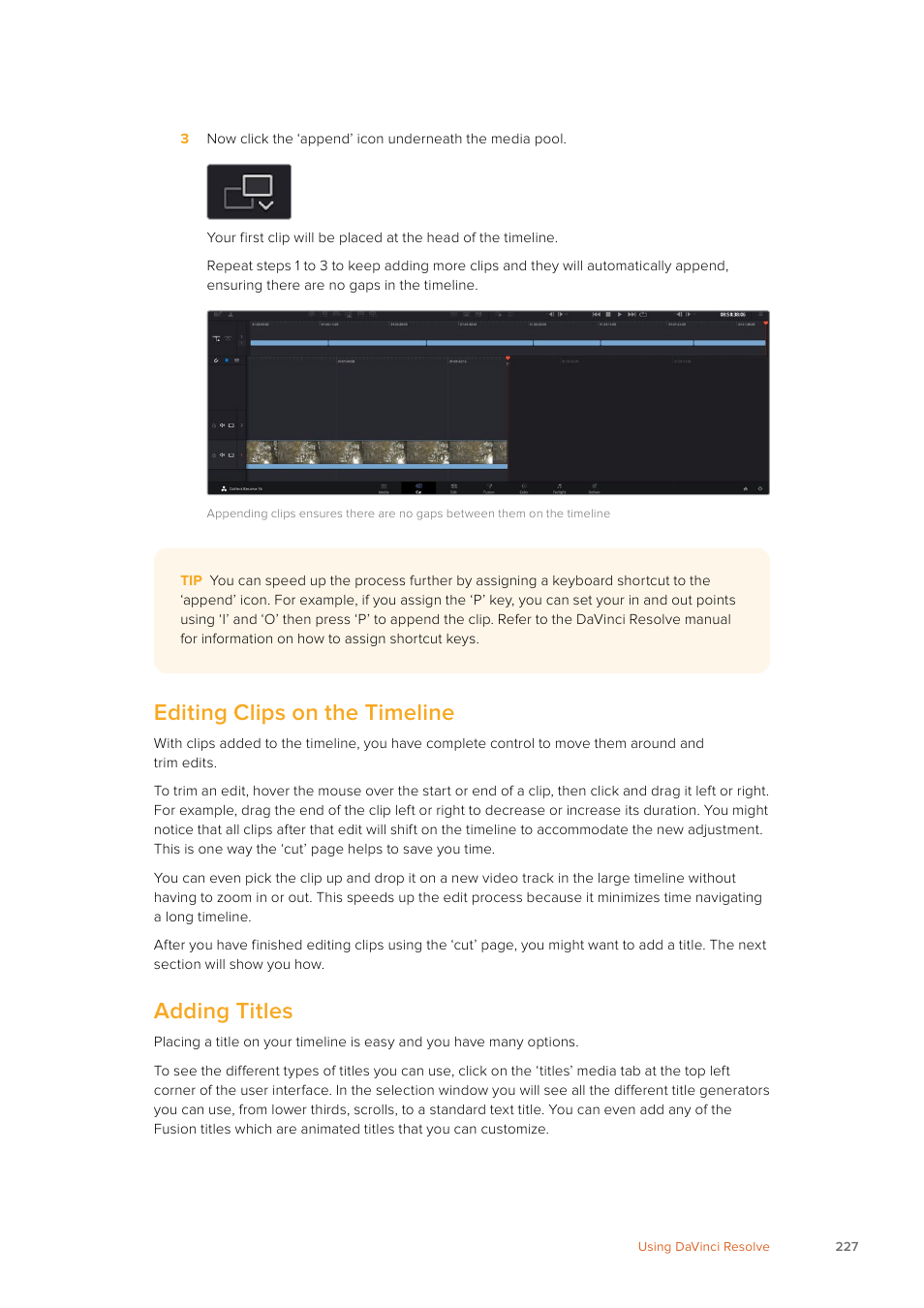 Editing clips on the timeline, Adding titles | Blackmagic Design URSA Mini Pro 12K (PL) User Manual | Page 227 / 294