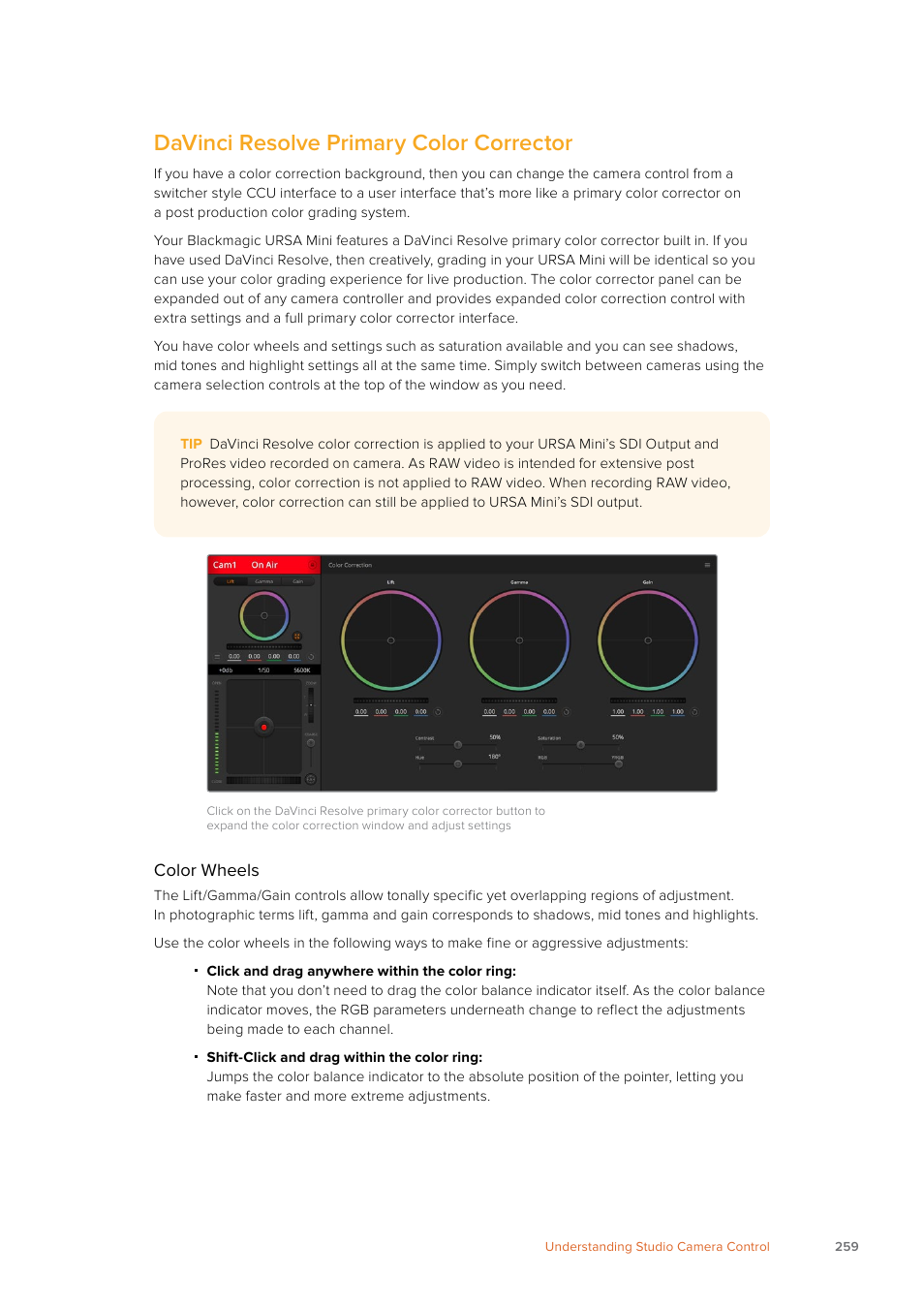 Davinci resolve primary color corrector | Blackmagic Design URSA Mini Pro 12K (PL) User Manual | Page 259 / 294