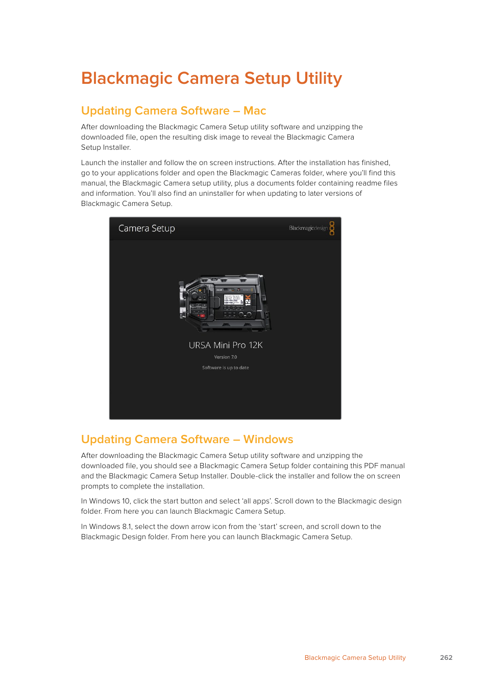 Blackmagic camera setup utility, Updating camera software – mac, Updating camera software – windows | Blackmagic Design URSA Mini Pro 12K (PL) User Manual | Page 262 / 294