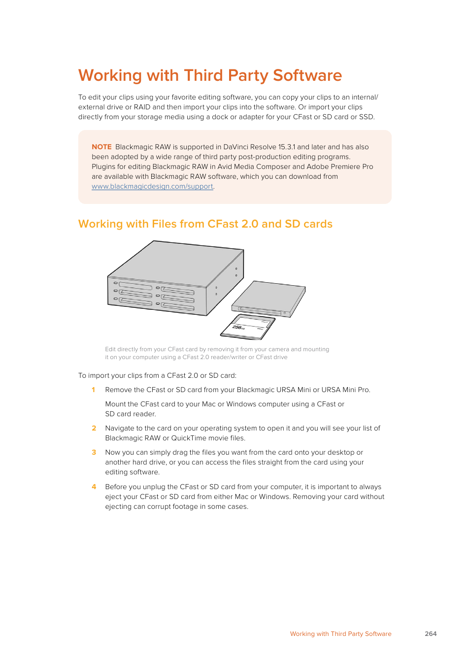 Working with third party software, Working with files from cfast 2.0 and sd cards | Blackmagic Design URSA Mini Pro 12K (PL) User Manual | Page 264 / 294