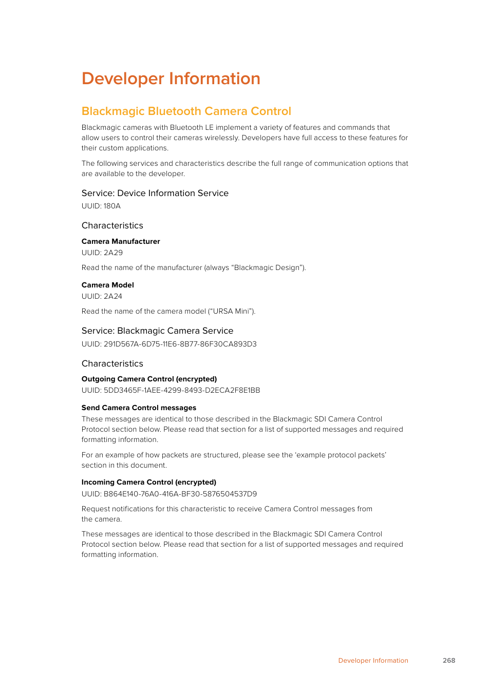 Developer information, Blackmagic bluetooth camera control | Blackmagic Design URSA Mini Pro 12K (PL) User Manual | Page 268 / 294