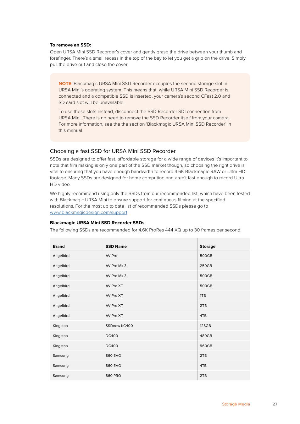 Choosing a fast ssd for ursa mini ssd recorder | Blackmagic Design URSA Mini Pro 12K (PL) User Manual | Page 27 / 294