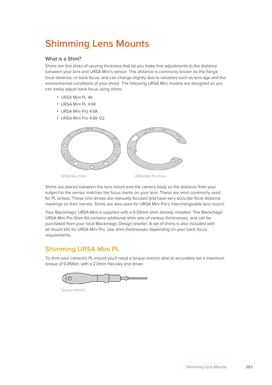 Shimming lens mounts, Shimming ursa mini pl | Blackmagic Design URSA Mini Pro 12K (PL) User Manual | Page 282 / 294