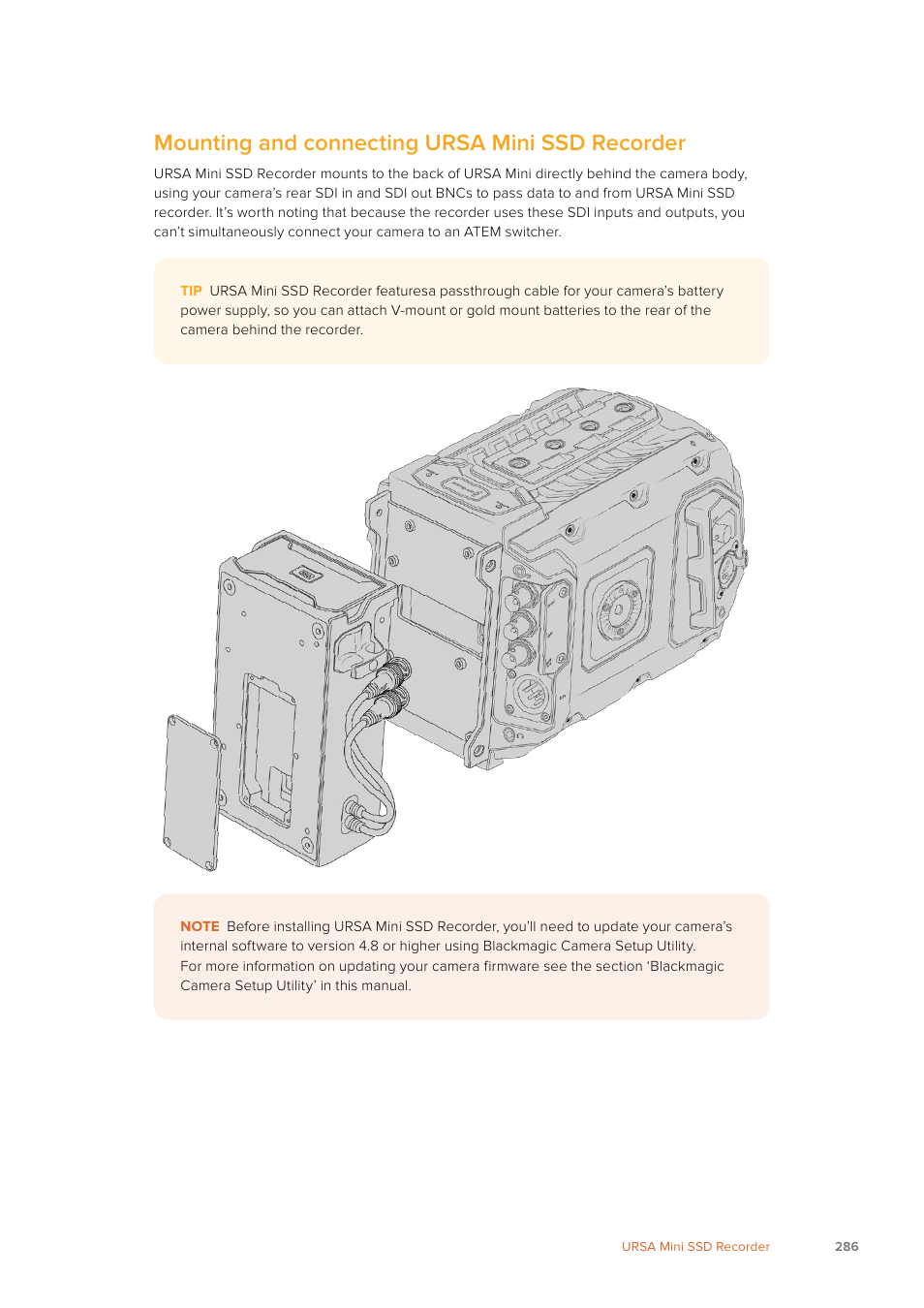 Mounting and connecting ursa mini ssd recorder | Blackmagic Design URSA Mini Pro 12K (PL) User Manual | Page 286 / 294