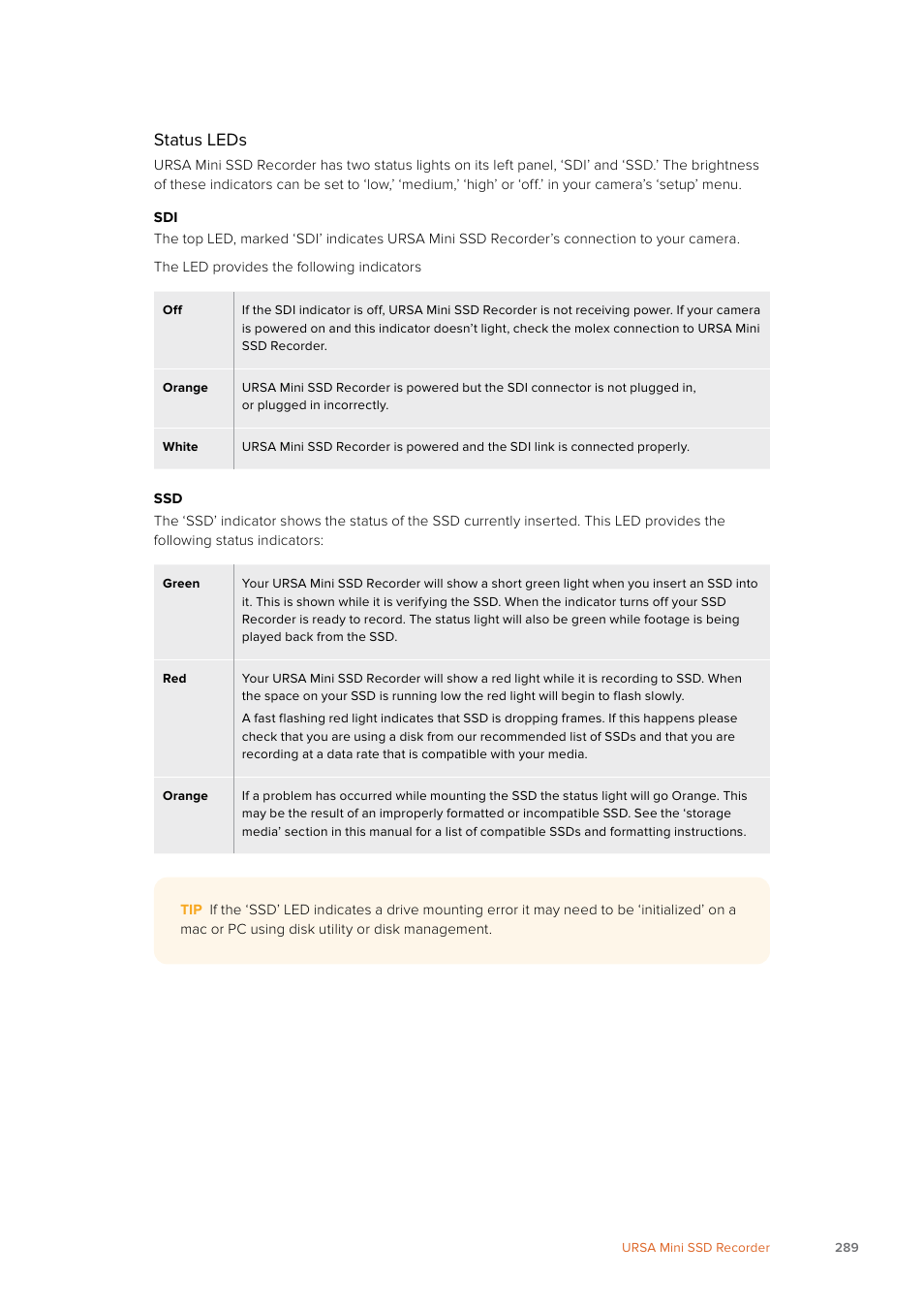 Status leds | Blackmagic Design URSA Mini Pro 12K (PL) User Manual | Page 289 / 294