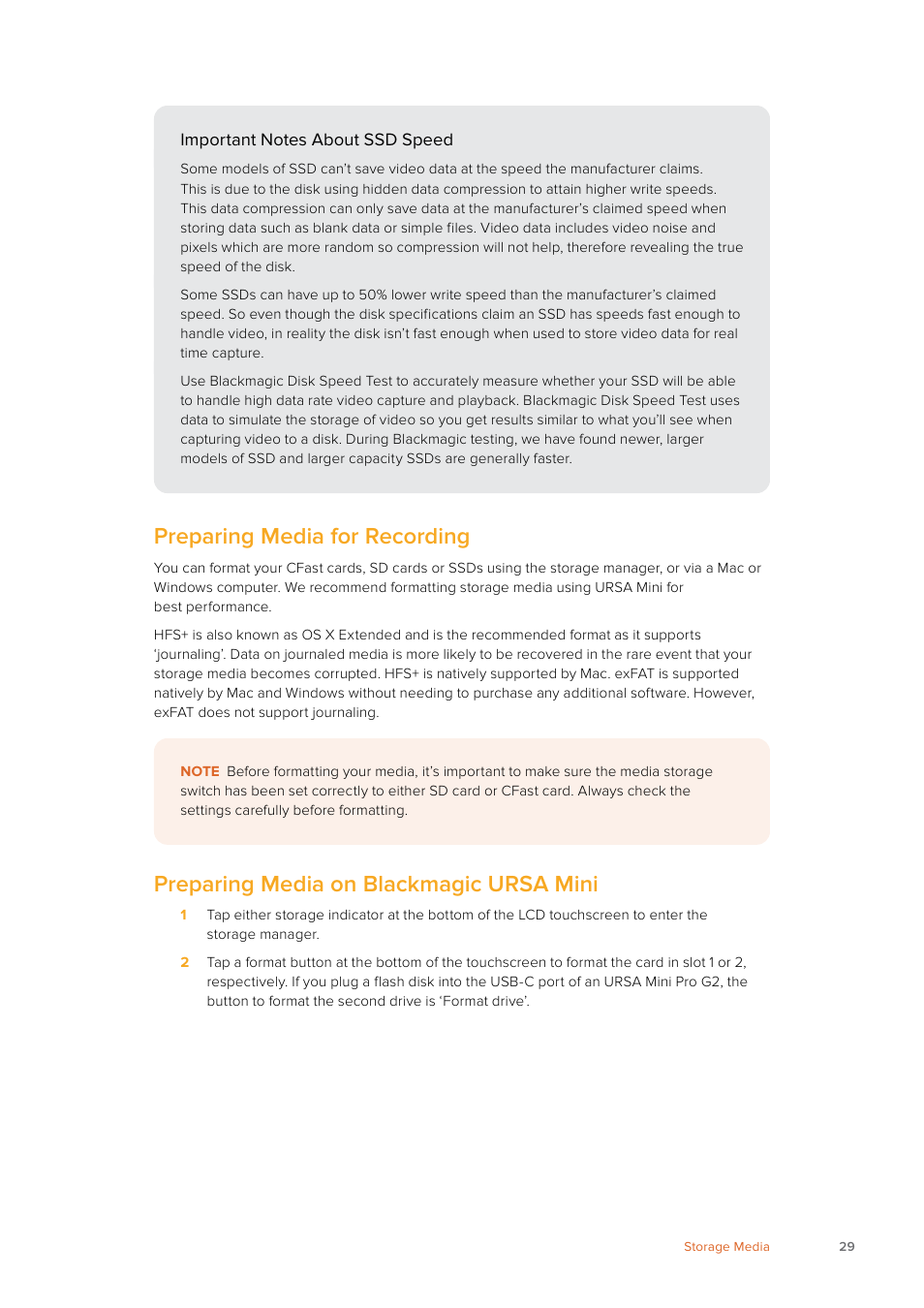 Preparing media for recording, Preparing media on blackmagic ursa mini | Blackmagic Design URSA Mini Pro 12K (PL) User Manual | Page 29 / 294