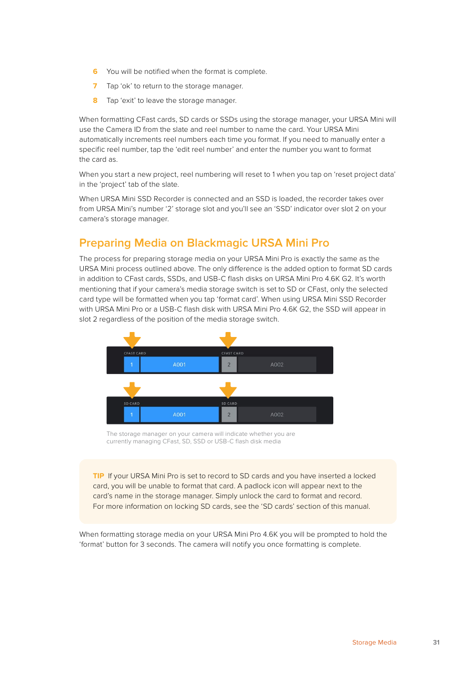 Preparing media on blackmagic ursa mini pro | Blackmagic Design URSA Mini Pro 12K (PL) User Manual | Page 31 / 294