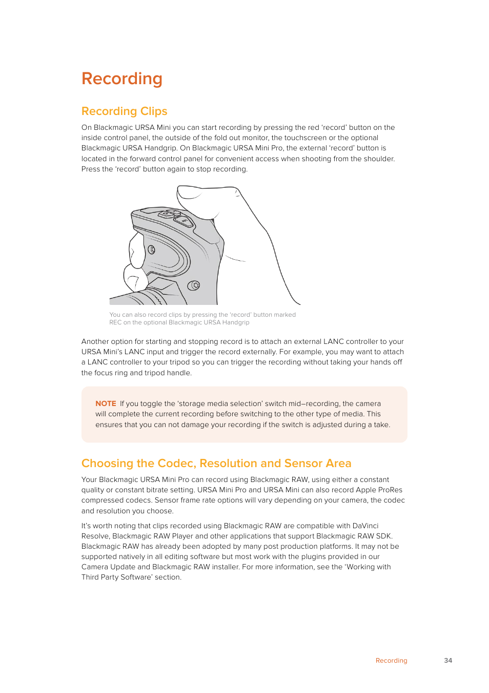 Recording, Recording clips, Choosing the codec, resolution and sensor area | Blackmagic Design URSA Mini Pro 12K (PL) User Manual | Page 34 / 294