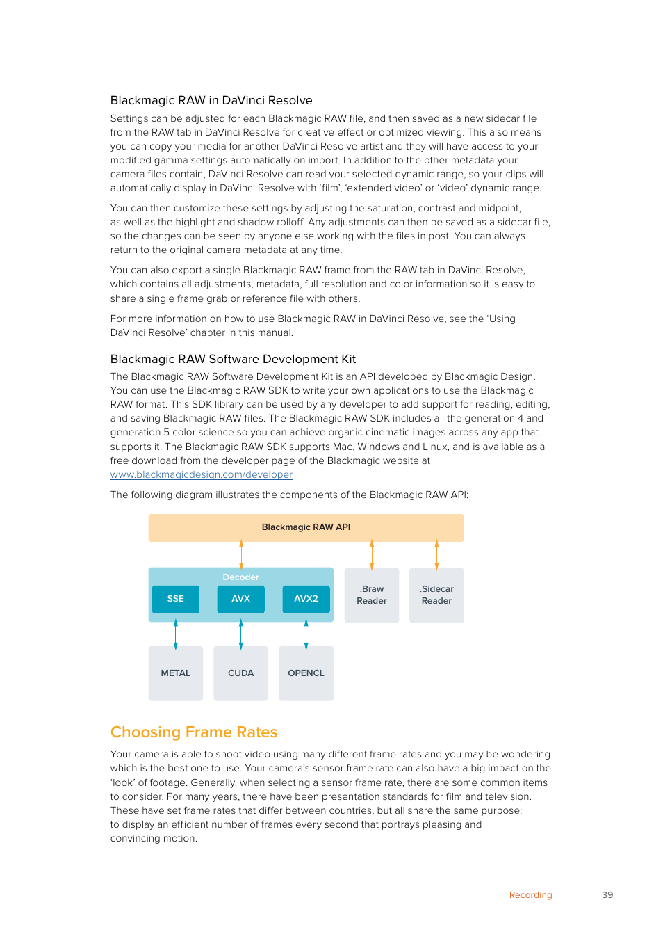 Choosing frame rates, Blackmagic raw in davinci resolve, Blackmagic raw software development kit | Blackmagic Design URSA Mini Pro 12K (PL) User Manual | Page 39 / 294