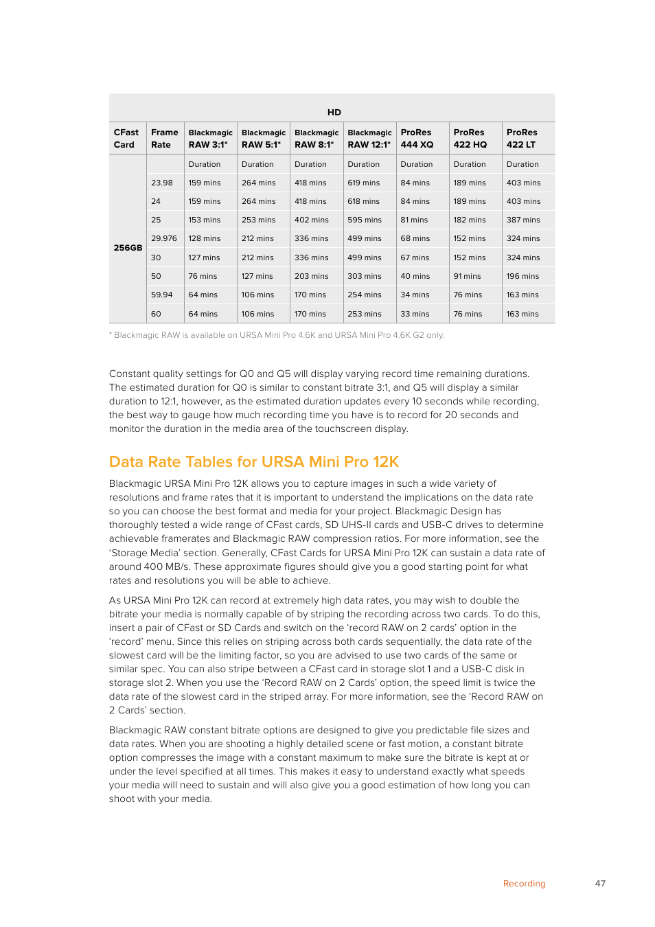 Data rate tables for ursa mini pro 12k | Blackmagic Design URSA Mini Pro 12K (PL) User Manual | Page 47 / 294