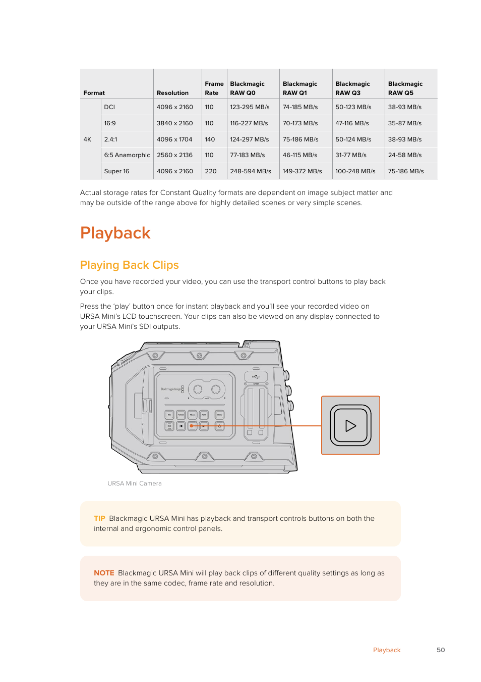 Playback, Playing back clips | Blackmagic Design URSA Mini Pro 12K (PL) User Manual | Page 50 / 294