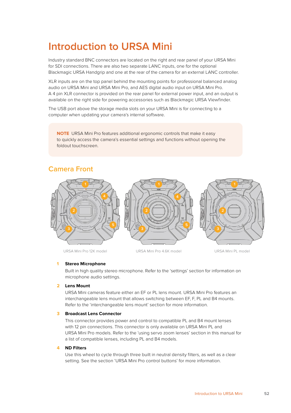 Introduction to ursa mini, Camera front | Blackmagic Design URSA Mini Pro 12K (PL) User Manual | Page 52 / 294